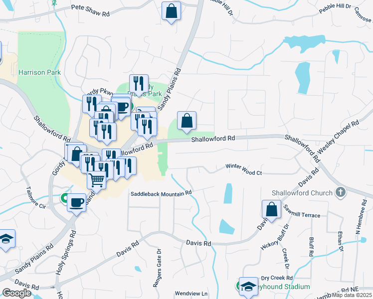 map of restaurants, bars, coffee shops, grocery stores, and more near 3311 Keenland Road in Marietta