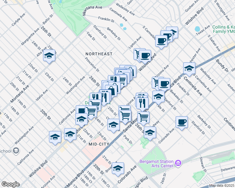map of restaurants, bars, coffee shops, grocery stores, and more near in Santa Monica