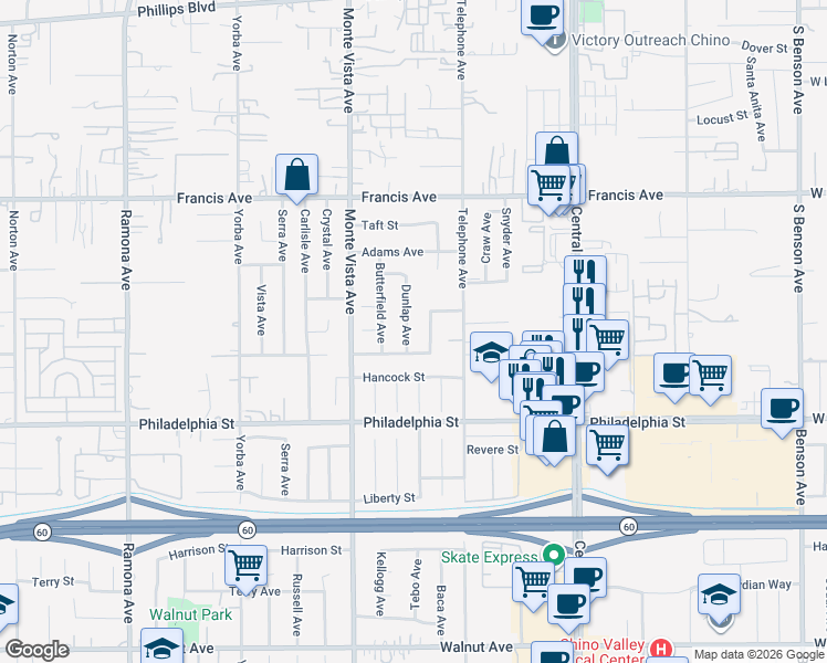 map of restaurants, bars, coffee shops, grocery stores, and more near 11937 Dunlap Avenue in Chino