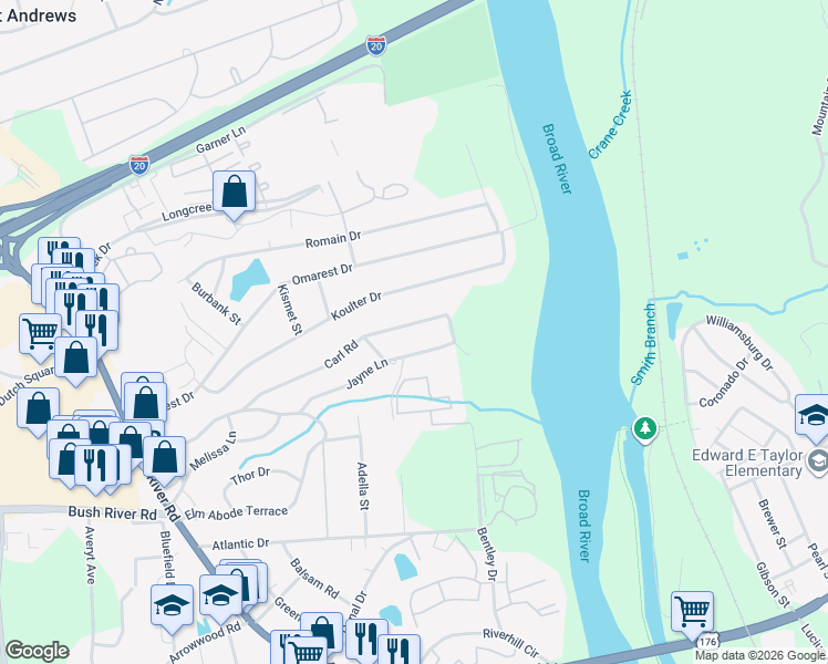 map of restaurants, bars, coffee shops, grocery stores, and more near 1609 Carl Road in Columbia