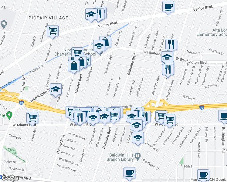 map of restaurants, bars, coffee shops, grocery stores, and more near 2315 South Cloverdale Avenue in Los Angeles