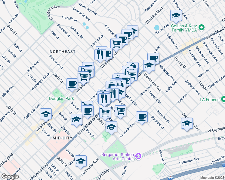 map of restaurants, bars, coffee shops, grocery stores, and more near 1341 Yale Street in Santa Monica