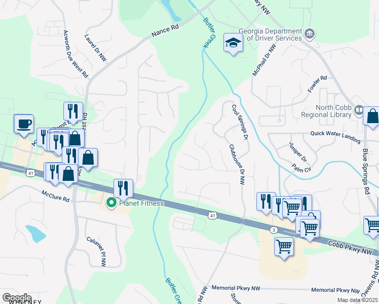 map of restaurants, bars, coffee shops, grocery stores, and more near 714 Spring Ridge Court in Kennesaw