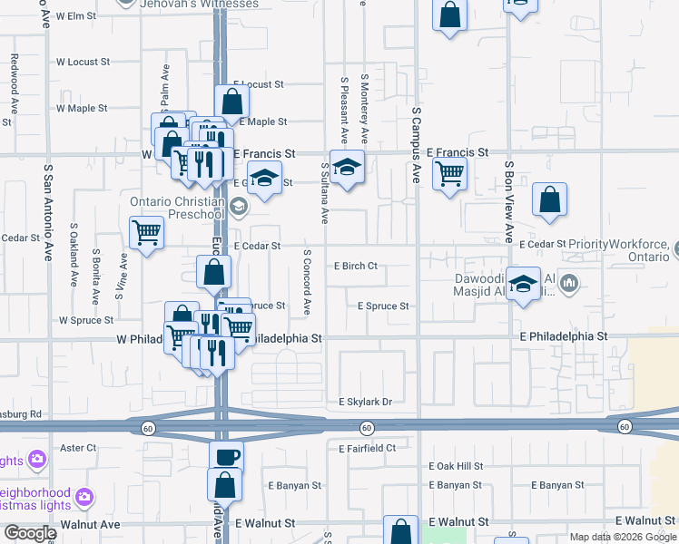 map of restaurants, bars, coffee shops, grocery stores, and more near 516 East Birch Court in Ontario