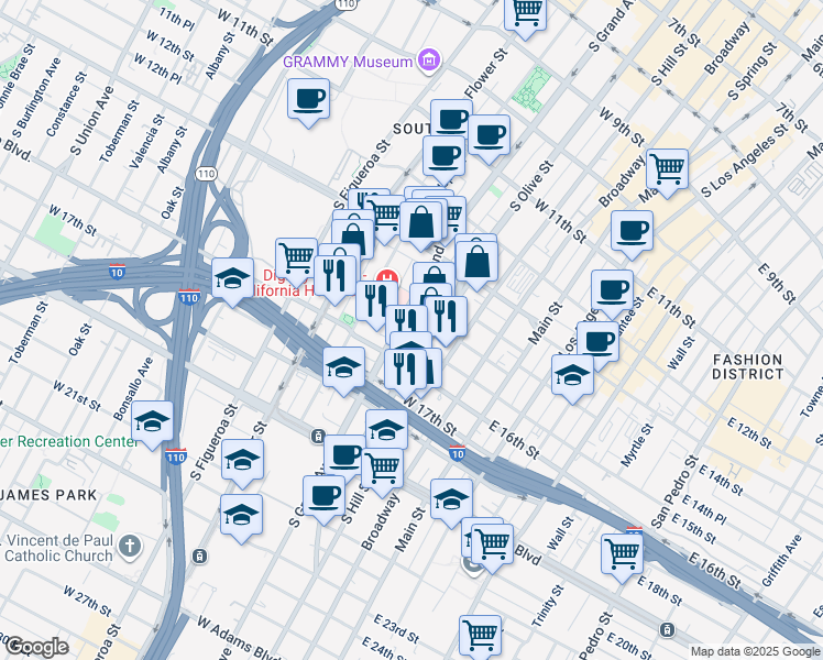 map of restaurants, bars, coffee shops, grocery stores, and more near 1414 South Grand Avenue in Los Angeles