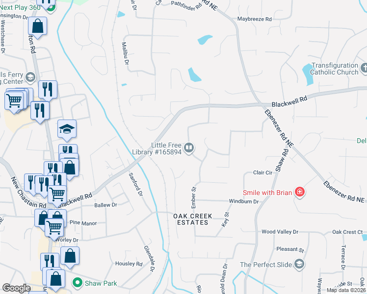 map of restaurants, bars, coffee shops, grocery stores, and more near 3641 Autumn Leaves Lane in Marietta