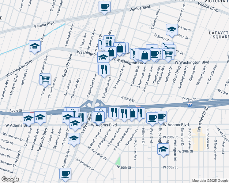 map of restaurants, bars, coffee shops, grocery stores, and more near 2216 South Longwood Avenue in Los Angeles