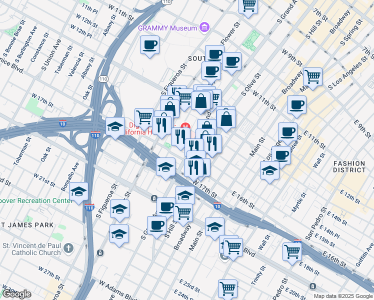 map of restaurants, bars, coffee shops, grocery stores, and more near 1501 South Grand Avenue in Los Angeles