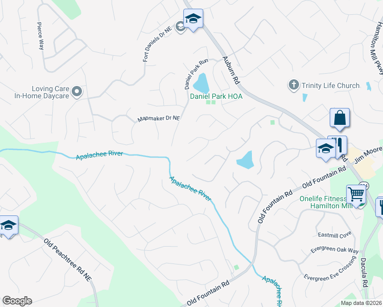 map of restaurants, bars, coffee shops, grocery stores, and more near 2622 Back Creek Chase in Dacula