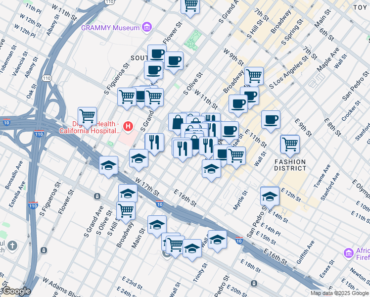 map of restaurants, bars, coffee shops, grocery stores, and more near 1326 South Broadway in Los Angeles