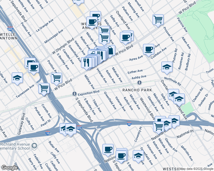 map of restaurants, bars, coffee shops, grocery stores, and more near 10967 Exposition Boulevard in Los Angeles
