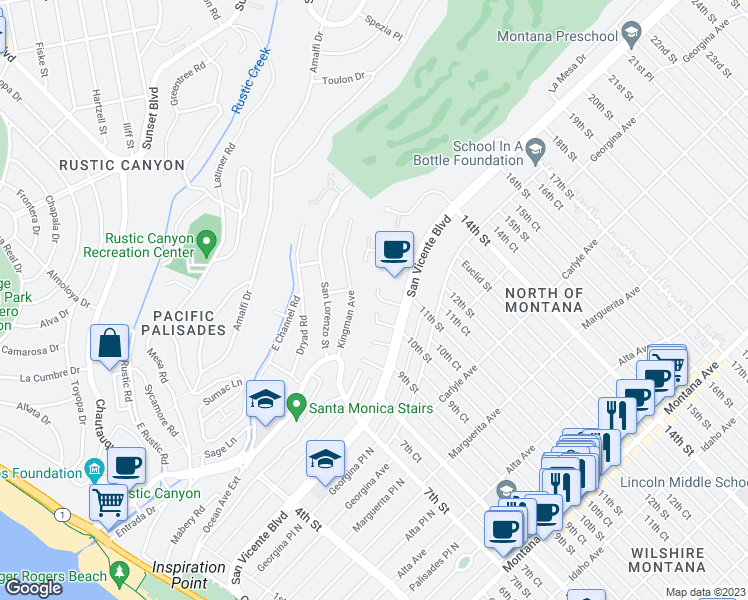 map of restaurants, bars, coffee shops, grocery stores, and more near 114 Foxtail Drive in Santa Monica