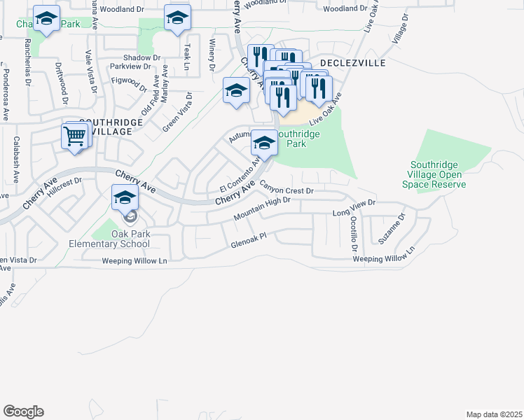 map of restaurants, bars, coffee shops, grocery stores, and more near 14571 Mountain High Drive in Fontana