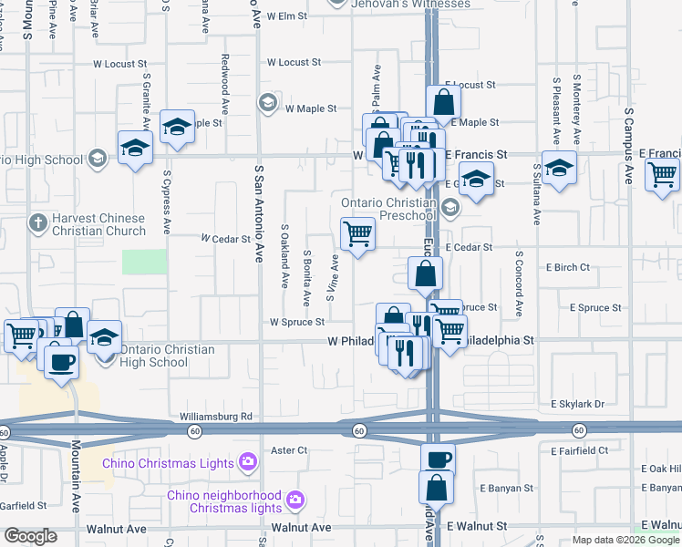 map of restaurants, bars, coffee shops, grocery stores, and more near 2032 South Vine Avenue in Ontario