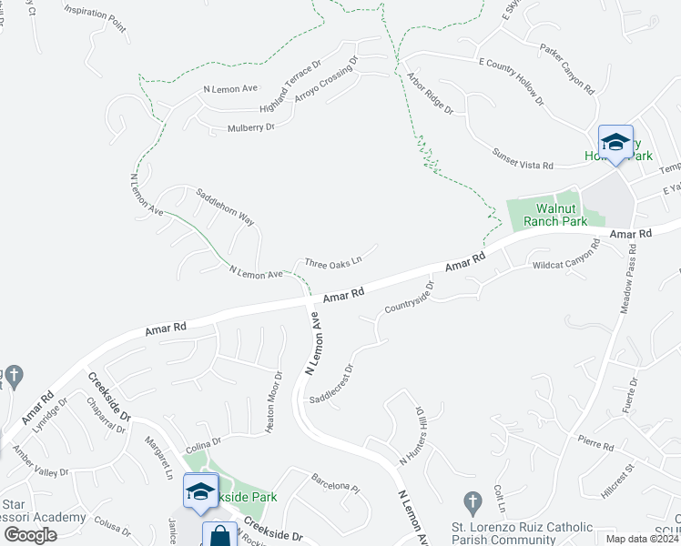map of restaurants, bars, coffee shops, grocery stores, and more near 19678 3 Oaks Lane in Walnut