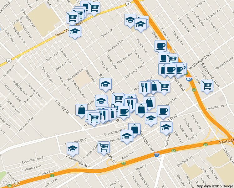 map of restaurants, bars, coffee shops, grocery stores, and more near 2032 South Barrington Avenue in Los Angeles