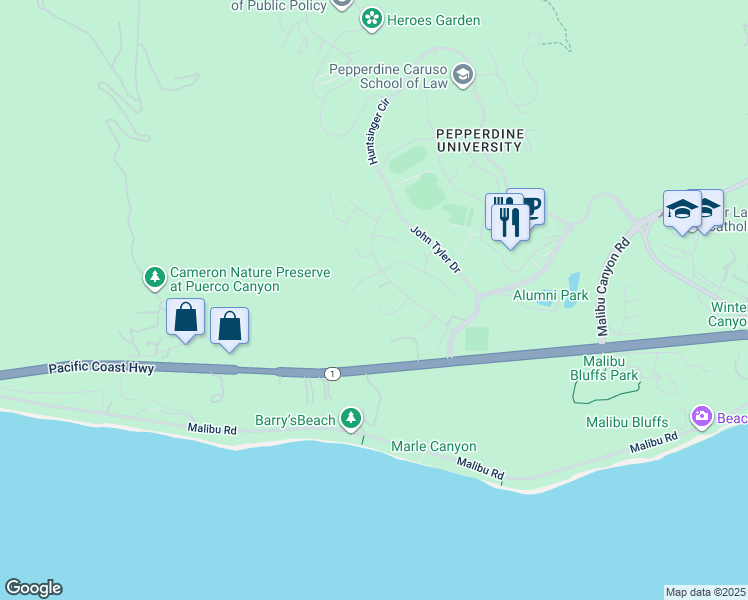 map of restaurants, bars, coffee shops, grocery stores, and more near 24656 Blue Dane Lane in Malibu