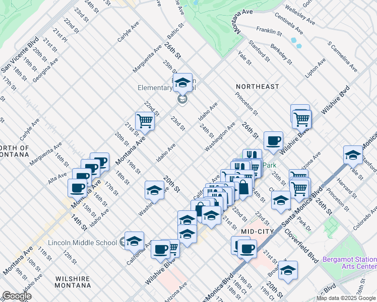 map of restaurants, bars, coffee shops, grocery stores, and more near 933 22nd Street in Santa Monica