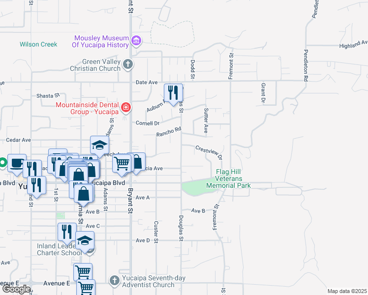 map of restaurants, bars, coffee shops, grocery stores, and more near 35521 Crestview Drive in Yucaipa