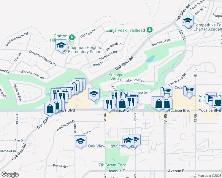 map of restaurants, bars, coffee shops, grocery stores, and more near 11952 East Lake Drive in Yucaipa