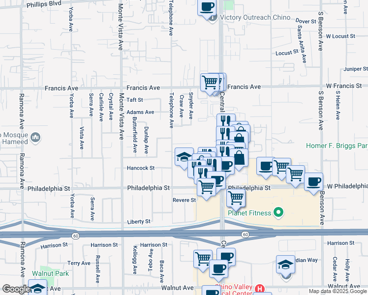 map of restaurants, bars, coffee shops, grocery stores, and more near 5139 Chesapeake Court in Chino