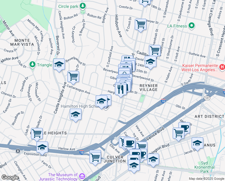 map of restaurants, bars, coffee shops, grocery stores, and more near 9049 Hargis Street in Los Angeles