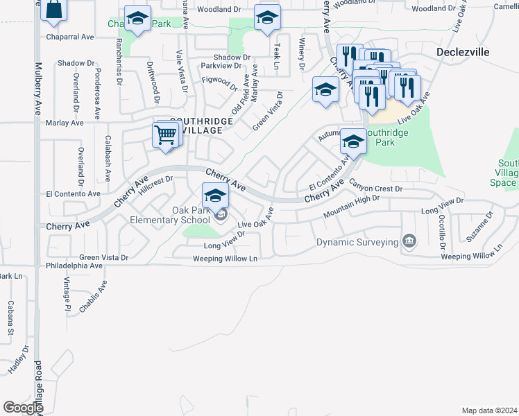 map of restaurants, bars, coffee shops, grocery stores, and more near 11950 Almond Drive in Fontana