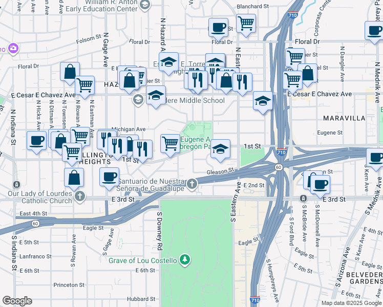 map of restaurants, bars, coffee shops, grocery stores, and more near 105 South Carmelita Avenue in Los Angeles