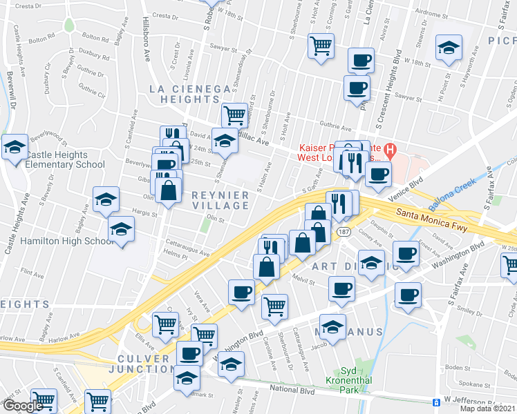 map of restaurants, bars, coffee shops, grocery stores, and more near 2618 South Halm Avenue in Los Angeles