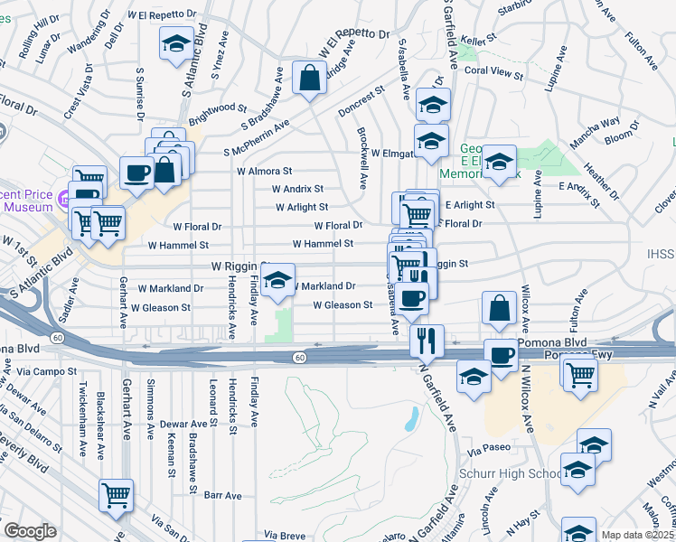 map of restaurants, bars, coffee shops, grocery stores, and more near 2304 Ferdinand Avenue in Monterey Park