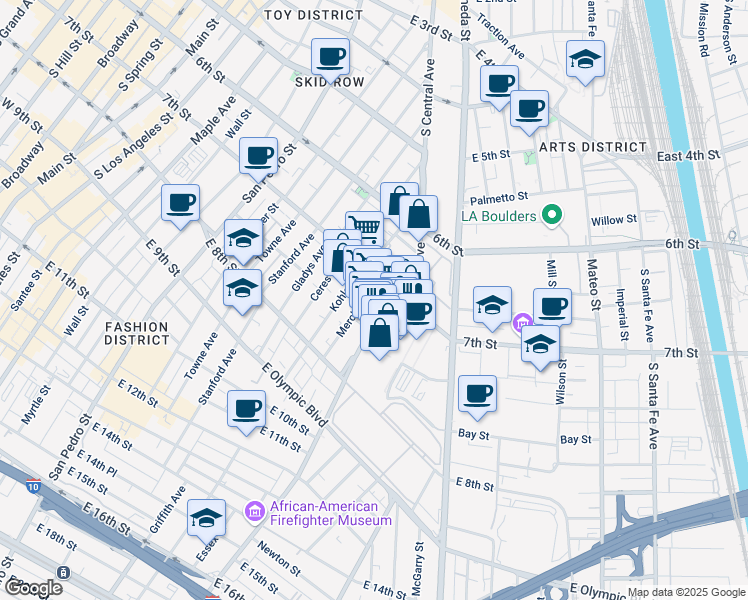 map of restaurants, bars, coffee shops, grocery stores, and more near 715 South Central Avenue in Los Angeles