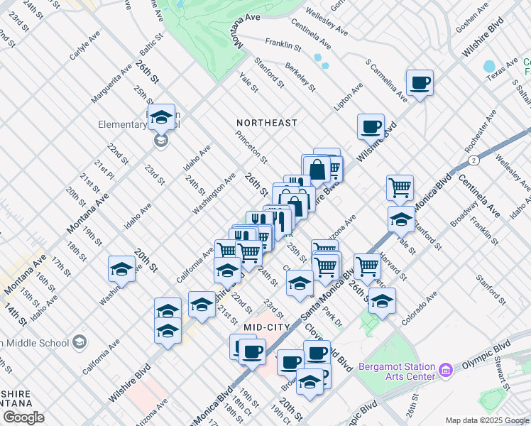map of restaurants, bars, coffee shops, grocery stores, and more near 1119 25th Street in Santa Monica