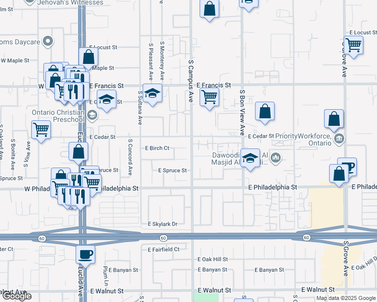 map of restaurants, bars, coffee shops, grocery stores, and more near 654 East Birch Court in Ontario