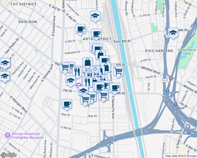 map of restaurants, bars, coffee shops, grocery stores, and more near 647 Mateo Street in Los Angeles