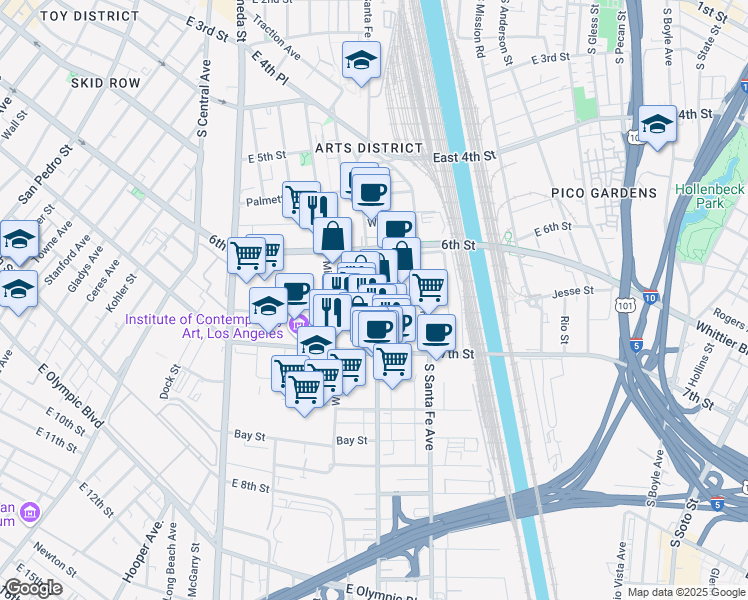 map of restaurants, bars, coffee shops, grocery stores, and more near 652 Mateo Street in Los Angeles