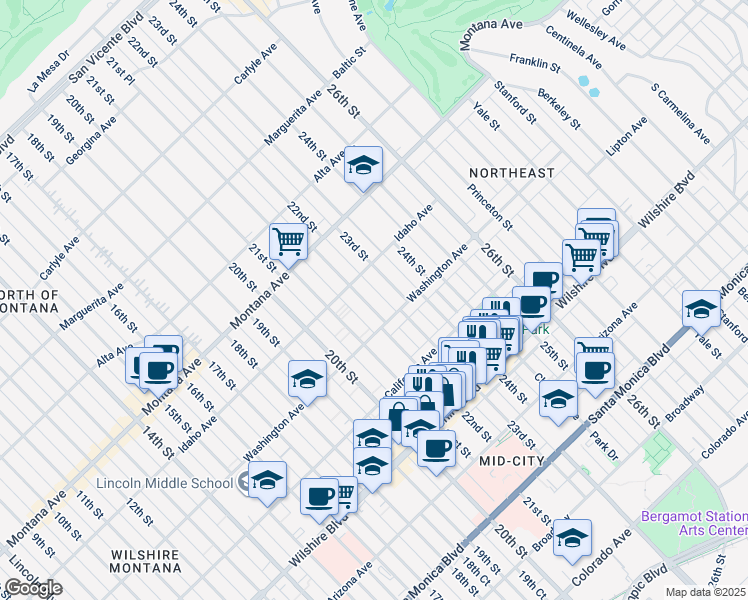 map of restaurants, bars, coffee shops, grocery stores, and more near 933 22nd Street in Santa Monica