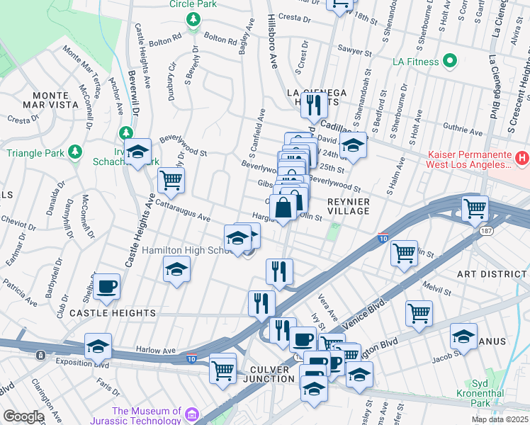 map of restaurants, bars, coffee shops, grocery stores, and more near 9049 Hargis Street in Los Angeles