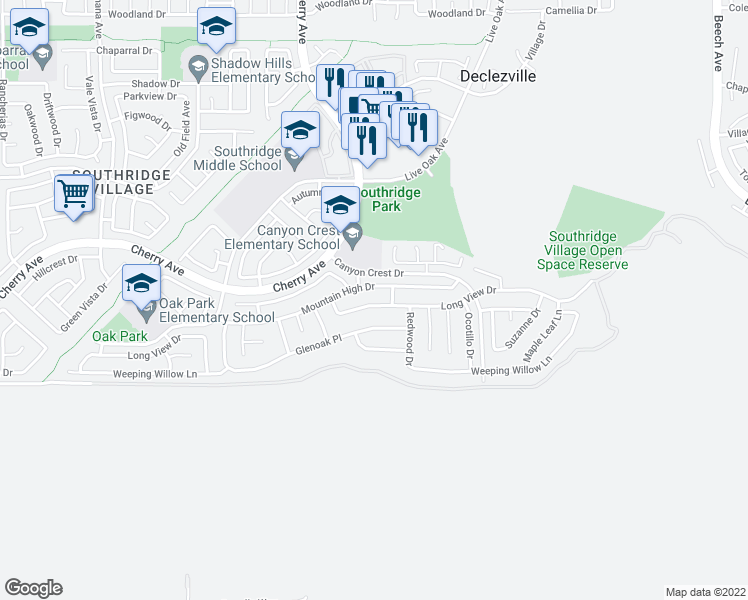 map of restaurants, bars, coffee shops, grocery stores, and more near 14644 Long View Drive in Fontana