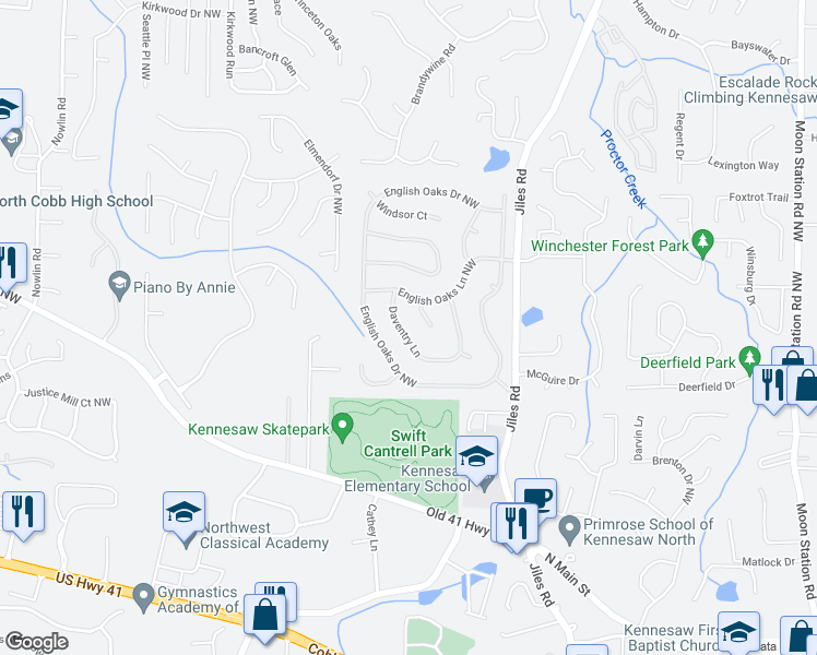 map of restaurants, bars, coffee shops, grocery stores, and more near 3517 Daventry Lane in Kennesaw