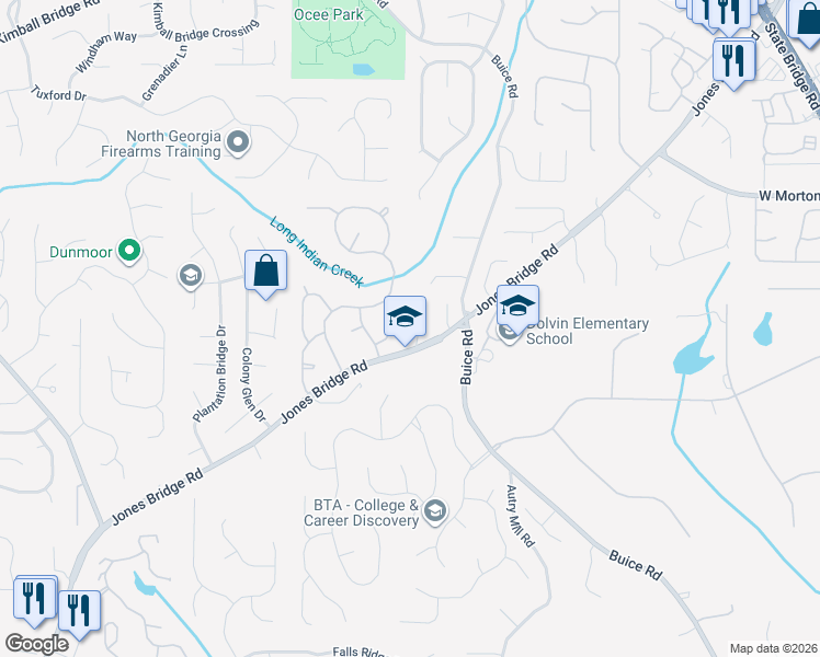 map of restaurants, bars, coffee shops, grocery stores, and more near 10474 New Cove Road in Alpharetta