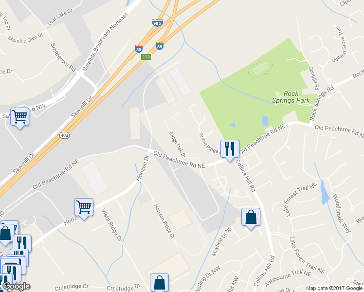 map of restaurants, bars, coffee shops, grocery stores, and more near 2925 Ridge Oak Drive in Suwanee