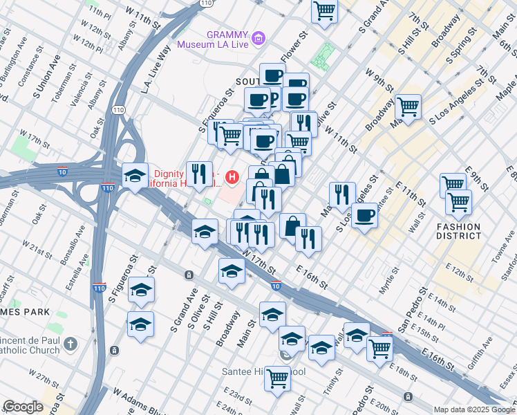 map of restaurants, bars, coffee shops, grocery stores, and more near 302 West 14th Street in Los Angeles
