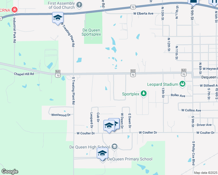 map of restaurants, bars, coffee shops, grocery stores, and more near 111 Oak Drive in De Queen