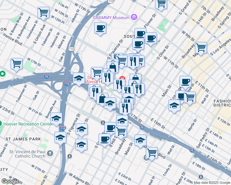 map of restaurants, bars, coffee shops, grocery stores, and more near 1516 South Hope Street in Los Angeles