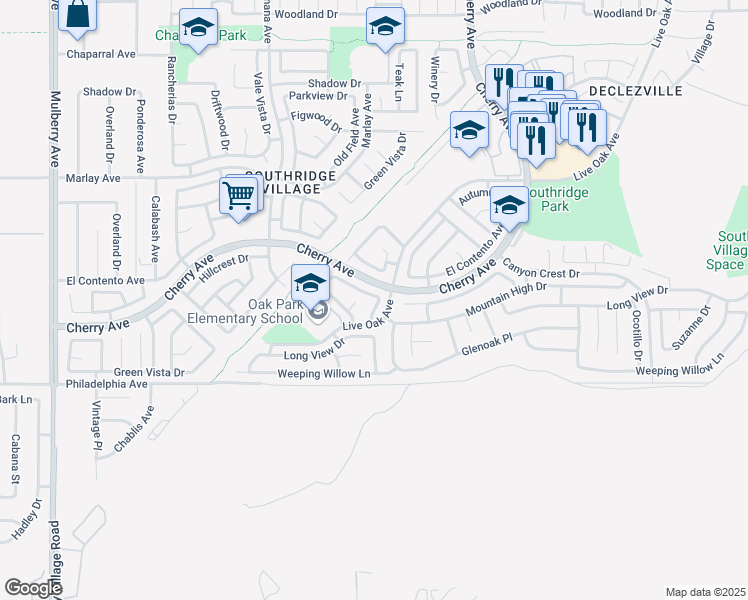 map of restaurants, bars, coffee shops, grocery stores, and more near 11950 Almond Drive in Fontana