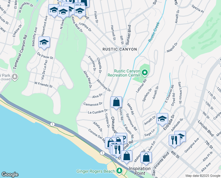 map of restaurants, bars, coffee shops, grocery stores, and more near 500 Toyopa Drive in Los Angeles