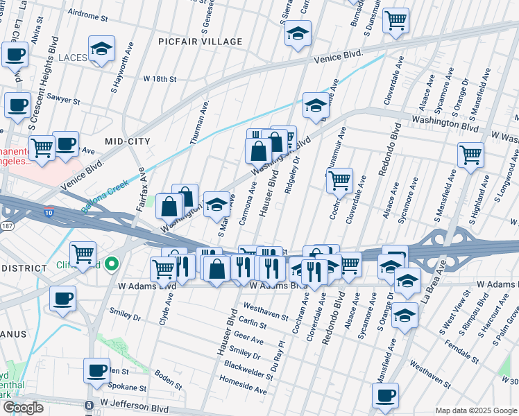 map of restaurants, bars, coffee shops, grocery stores, and more near 2235 Hauser Boulevard in Los Angeles