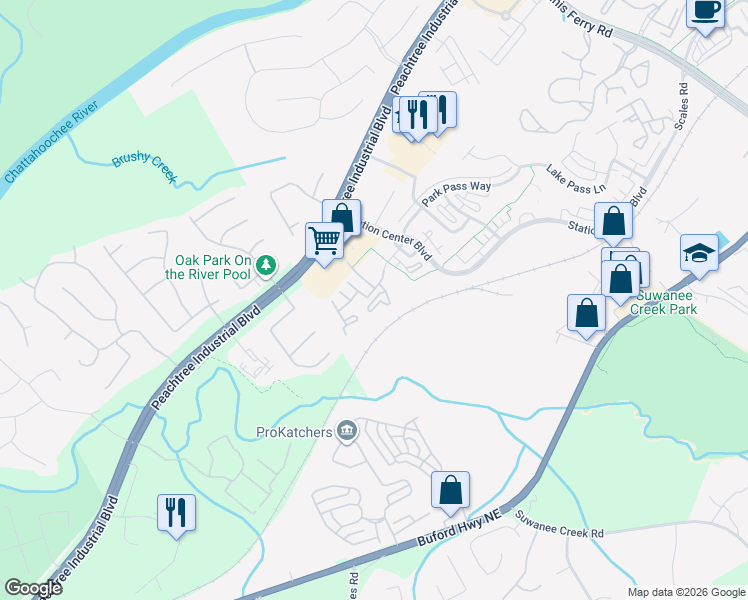map of restaurants, bars, coffee shops, grocery stores, and more near 1525 Station Center Boulevard in Suwanee