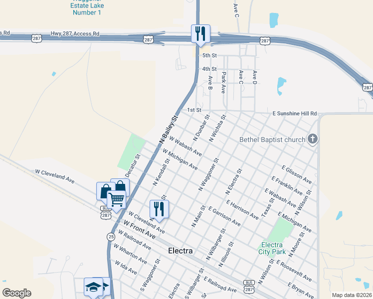 map of restaurants, bars, coffee shops, grocery stores, and more near 406 West Wabash Avenue in Electra
