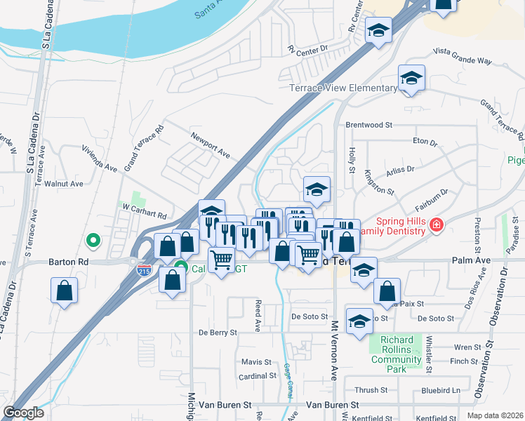 map of restaurants, bars, coffee shops, grocery stores, and more near 22436 Canal Circle in Grand Terrace